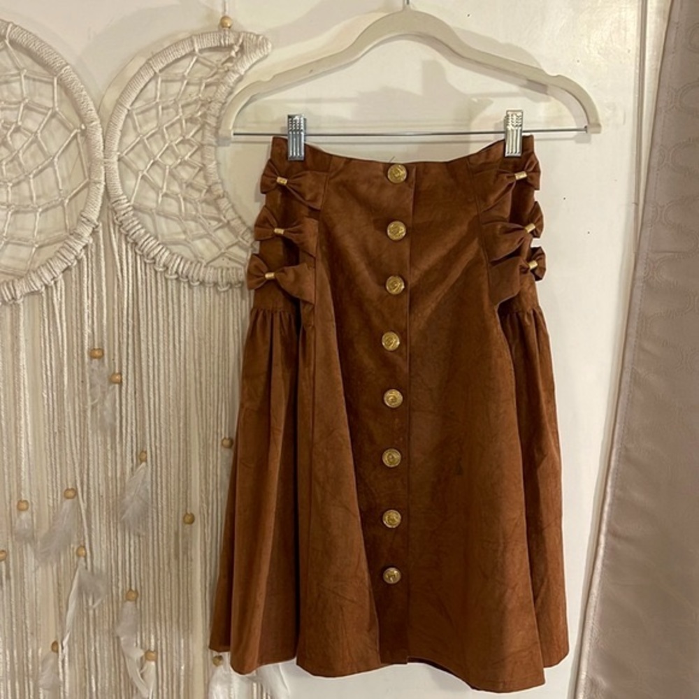 Brown Suede Cutesy Bow Ties Fit & Flare Midi Skirt